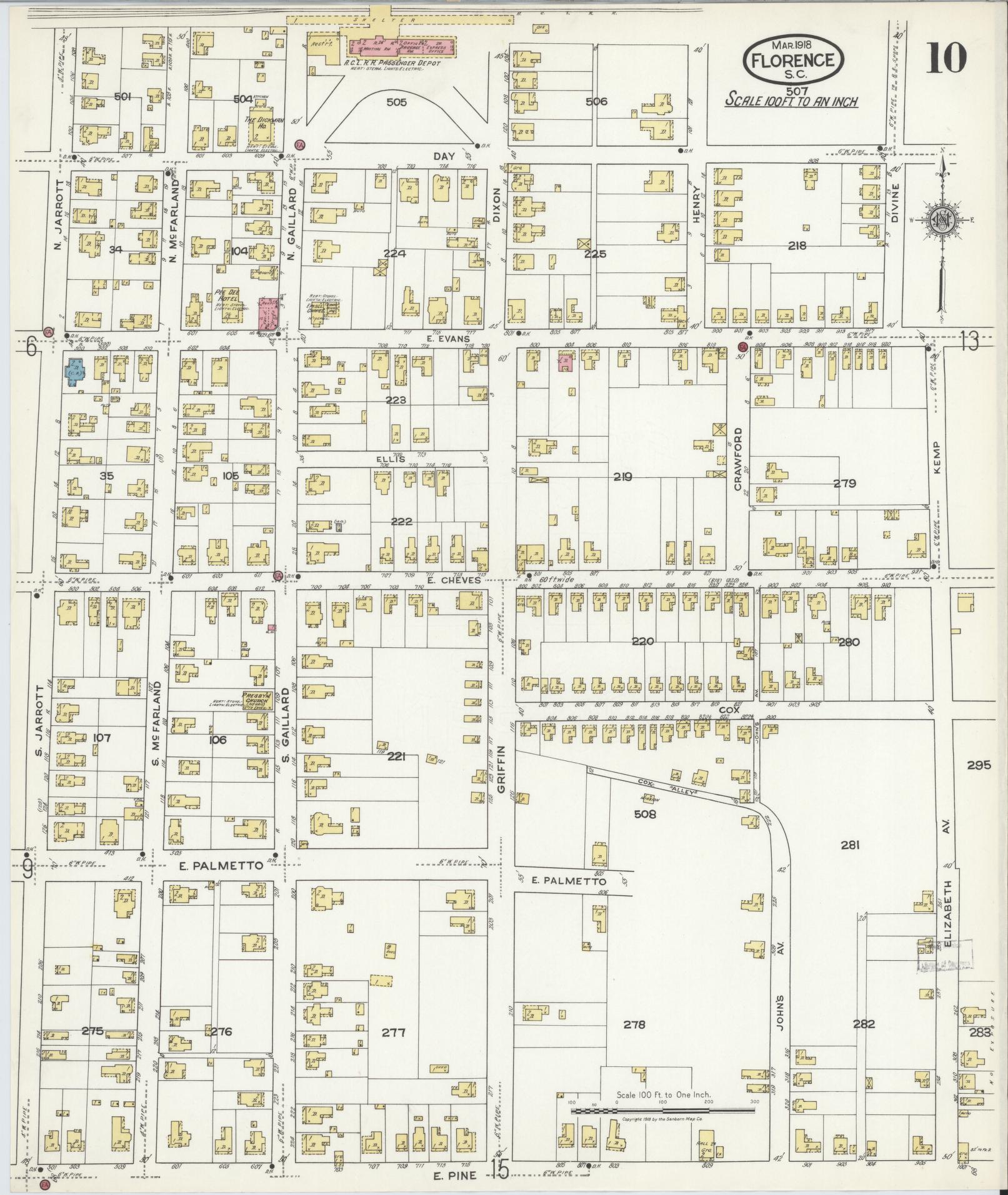 Sanborn Fire Insurance Map from Florence, Florence County, South Carolina (1918), Sheet #0010 - Historic Sanborn Fire Insurance Map Print, vintage old map wall art, antique decor, genealogy gift, South Carolina South Carolina map