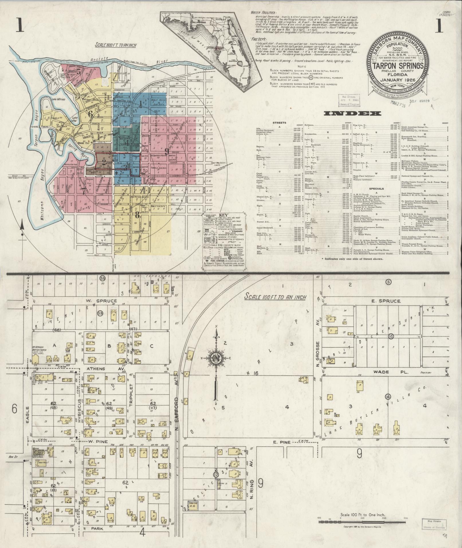 Sanborn Fire Insurance Map from Tarpon Springs, Pinellas County, Florida (1926), Sheet #0001 - Complete Map Set gallery image, historic Sanborn map, vintage wall art, Florida Florida
