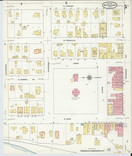 Sanborn Fire Insurance Map from Mount Pleasant, Isabella County, Michigan (1910), Sheet #0005 - Historic Sanborn Fire Insurance Map Print, vintage old map wall art, antique decor, genealogy gift, Michigan Michigan map