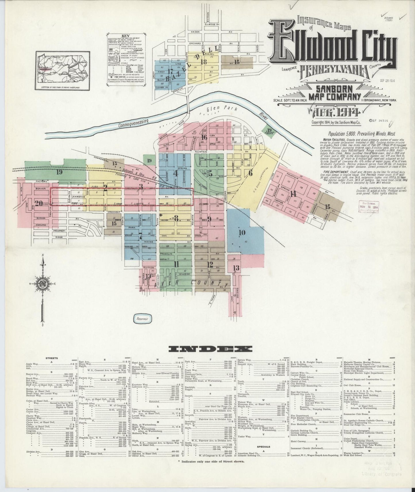 Sanborn Fire Insurance Map from Ellwood City, Lawrence County, Pennsylvania (1914), Sheet #0001 - Historic Sanborn Fire Insurance Map Print, vintage old map wall art, antique decor, genealogy gift, Pennsylvania Pennsylvania map