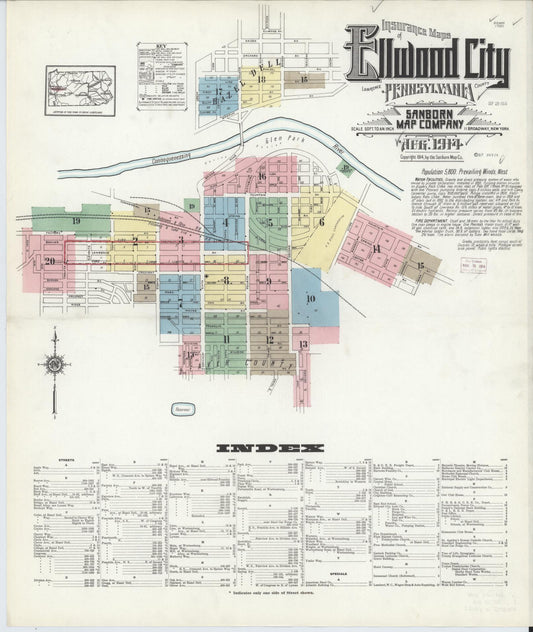 Sanborn Fire Insurance Map from Ellwood City, Lawrence County, Pennsylvania (1914), Sheet #0001 - Historic Sanborn Fire Insurance Map Print, vintage old map wall art, antique decor, genealogy gift, Pennsylvania Pennsylvania map
