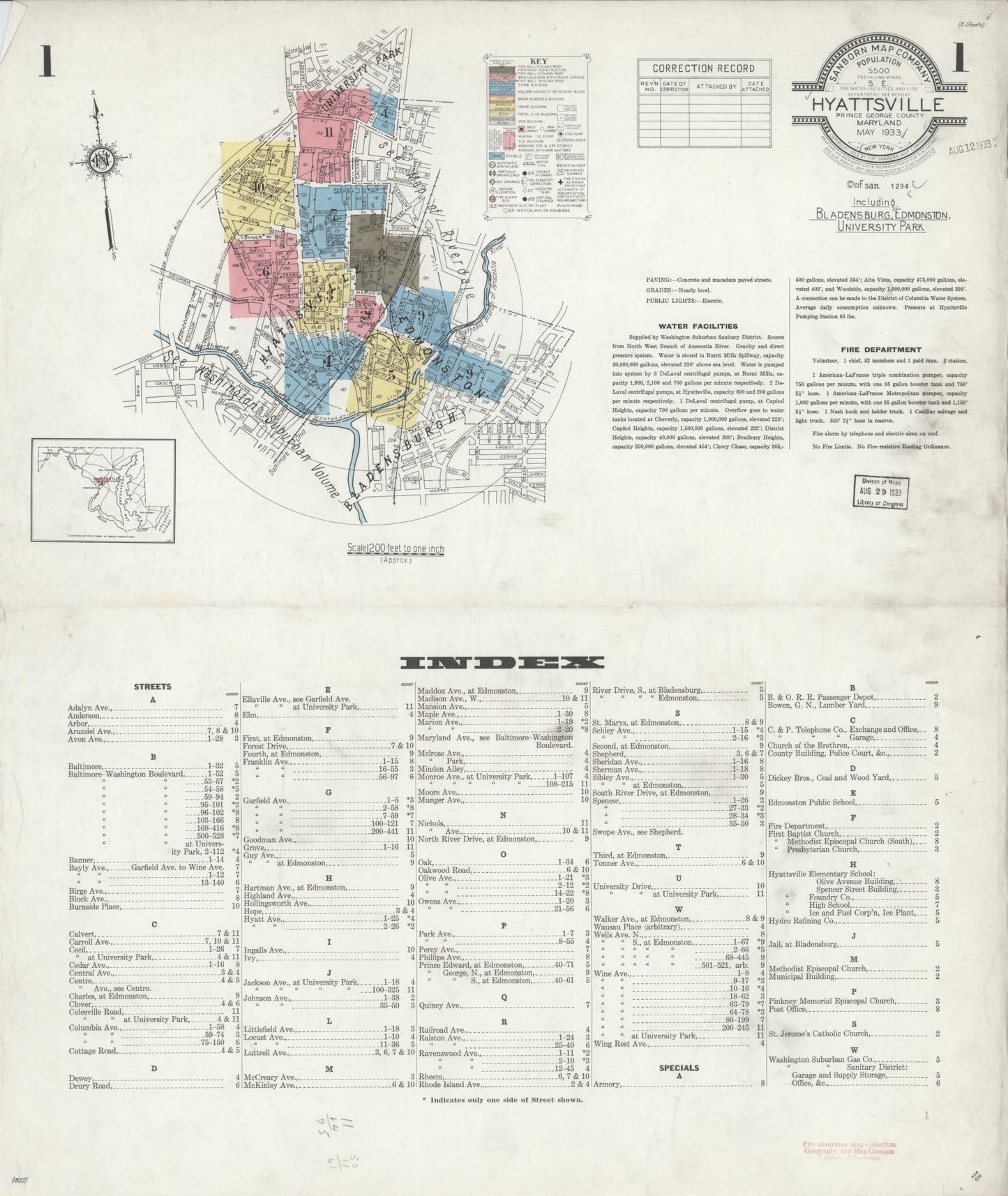 Sanborn Fire Insurance Map from Hyattsville, Prince Georges County, Maryland (1933), Sheet #0001 - Complete Map Set gallery image, historic Sanborn map, vintage wall art, Maryland Maryland
