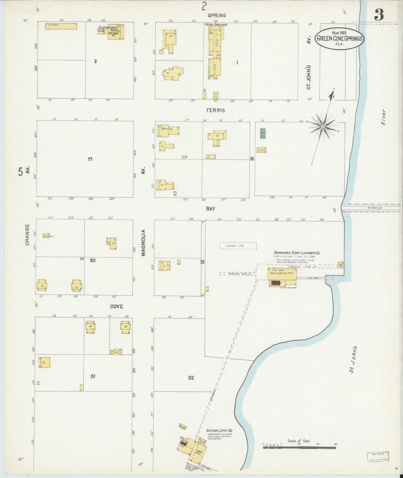 Sanborn Fire Insurance Map from Green Cove Springs, Clay County, Florida (1903), Sheet #0003 - Historic Sanborn Fire Insurance Map Print, vintage old map wall art, antique decor, genealogy gift, Florida Florida map