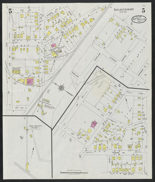 Sanborn Fire Insurance Map from Attalla, Etowah County, Alabama (1925), Sheet #0005 - Historic Sanborn Fire Insurance Map Print, vintage old map wall art, antique decor, genealogy gift, Alabama Alabama map