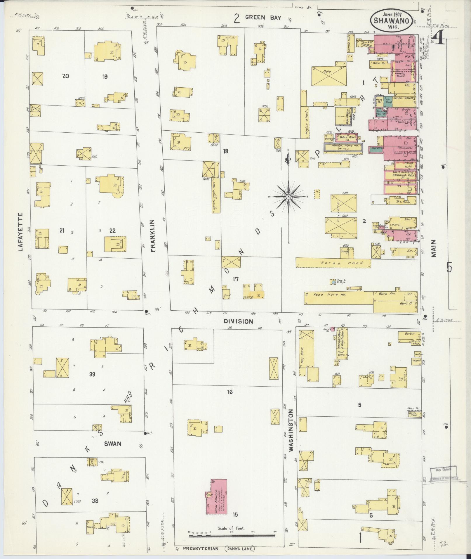 Sanborn Fire Insurance Map from Shawano, Shawano County, Wisconsin (1907), Sheet #0004 - Complete Map Set gallery image, historic Sanborn map, vintage wall art, Wisconsin Wisconsin