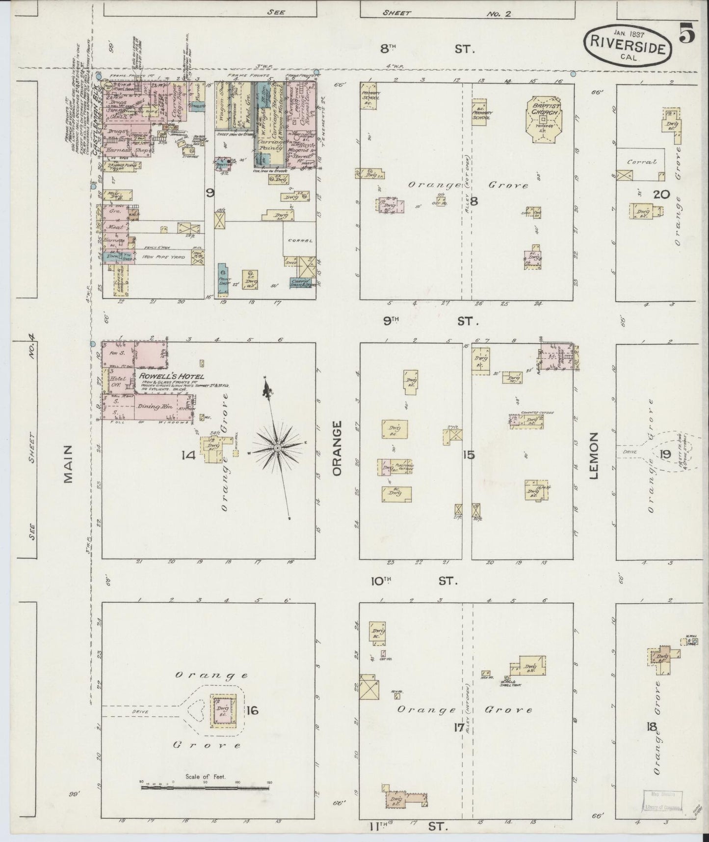 Sanborn Fire Insurance Map from Riverside, Riverside County, California (1887), Sheet #0005 - Complete Map Set gallery image, historic Sanborn map, vintage wall art, California California