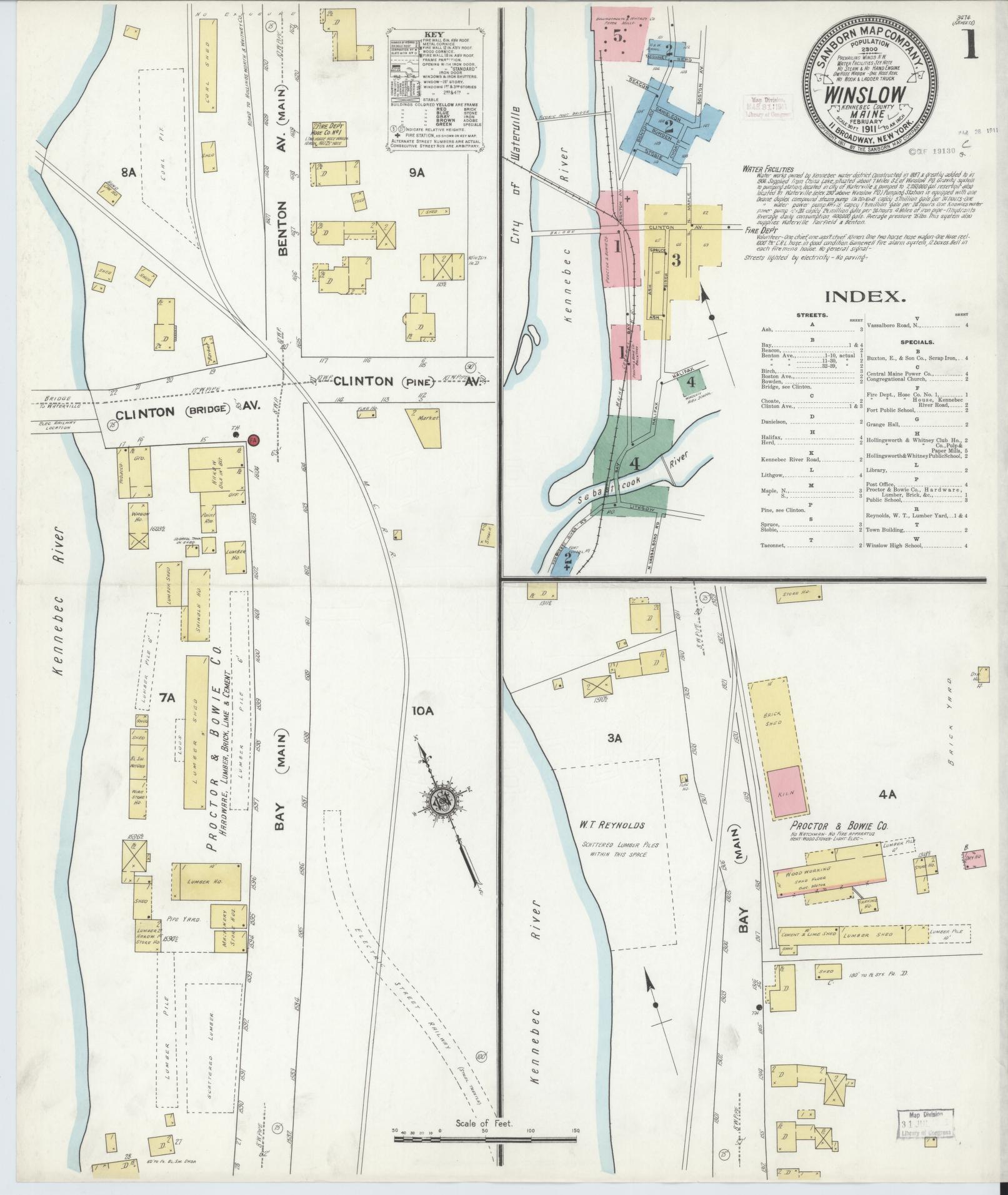 Sanborn Fire Insurance Map from Winslow, Kennebec County, Maine (1911), Sheet #0001 - Complete Map Set gallery image, historic Sanborn map, vintage wall art, Maine Maine