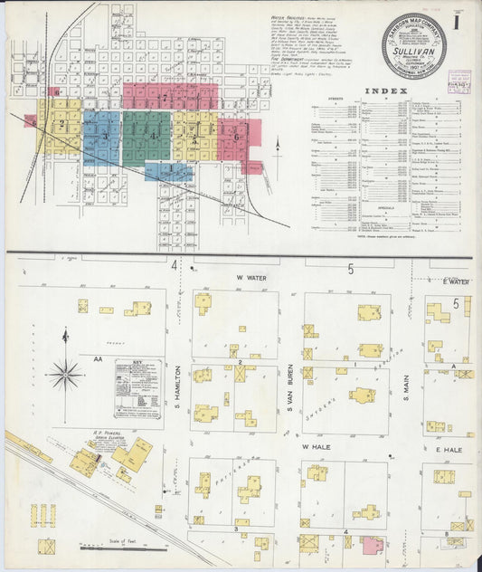Sanborn Fire Insurance Map from Sullivan, Moultrie County, Illinois (1907), Sheet #0001 - Historic Sanborn Fire Insurance Map Print, vintage old map wall art, antique decor, genealogy gift, Illinois Illinois map