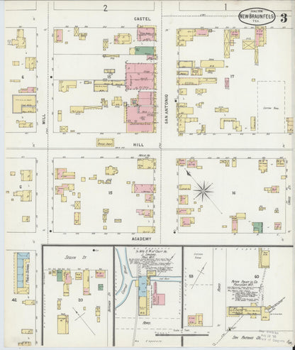 Sanborn Fire Insurance Map from New Braunfels, Comal County, Texas (1896), Sheet #0003 - Historic Sanborn Fire Insurance Map Print, vintage old map wall art, antique decor, genealogy gift, Texas Texas map