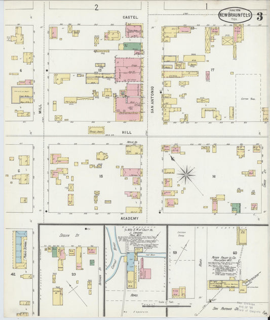 Sanborn Fire Insurance Map from New Braunfels, Comal County, Texas (1896), Sheet #0003 - Historic Sanborn Fire Insurance Map Print, vintage old map wall art, antique decor, genealogy gift, Texas Texas map
