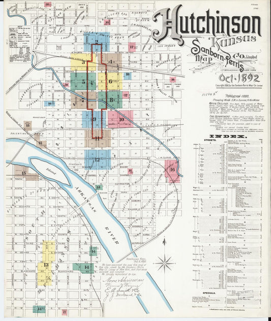 Sanborn Fire Insurance Map from Hutchinson, Reno County, Kansas (1892), Sheet #0001 - Historic Sanborn Fire Insurance Map Print, vintage old map wall art, antique decor, genealogy gift, Kansas Kansas map