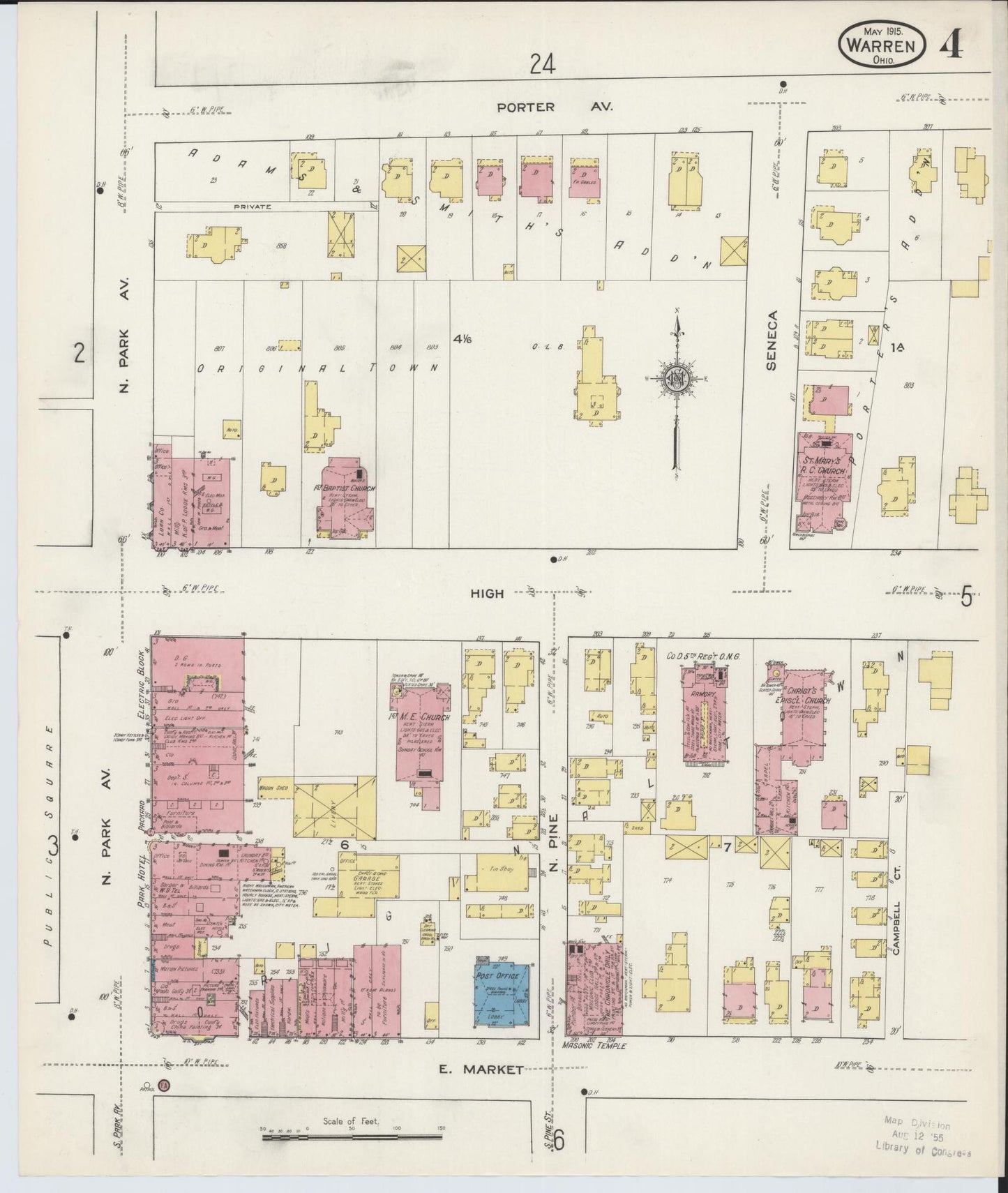 Sanborn Fire Insurance Map from Warren, Trumbull County, Ohio (1915), Sheet #0004 - Complete Map Set gallery image, historic Sanborn map, vintage wall art, Ohio Ohio