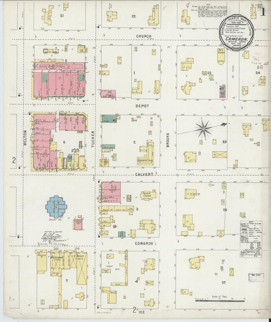 Sanborn Fire Insurance Map from Cameron, Milam County, Texas (1896), Sheet #0001 - Complete Map Set gallery image, historic Sanborn map, vintage wall art, Texas Texas