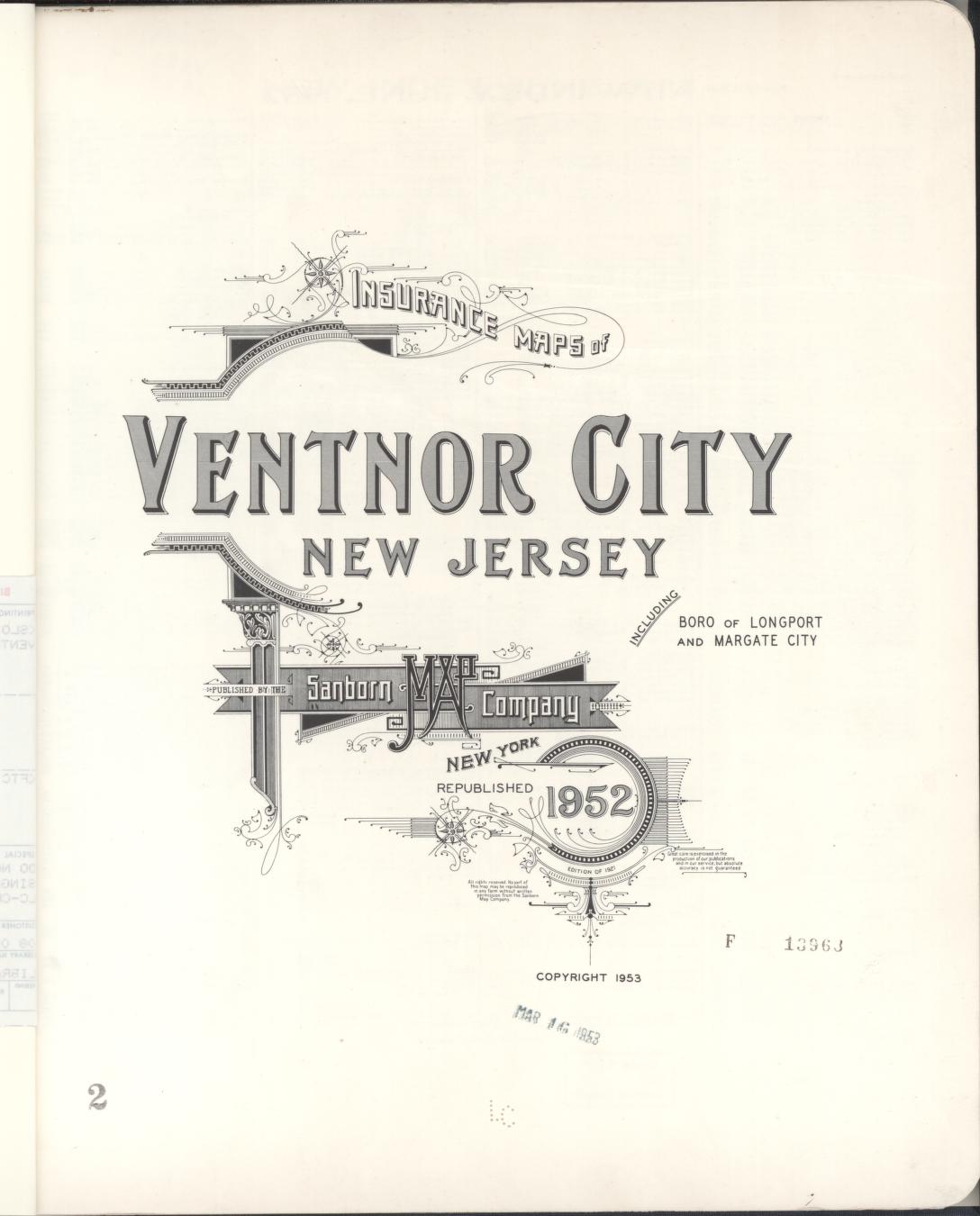 Sanborn Fire Insurance Map from Ventnor, Atlantic County, New Jersey (1952), Sheet #0001 - Historic Sanborn Fire Insurance Map Print, vintage old map wall art, antique decor, genealogy gift, New Jersey New Jersey map