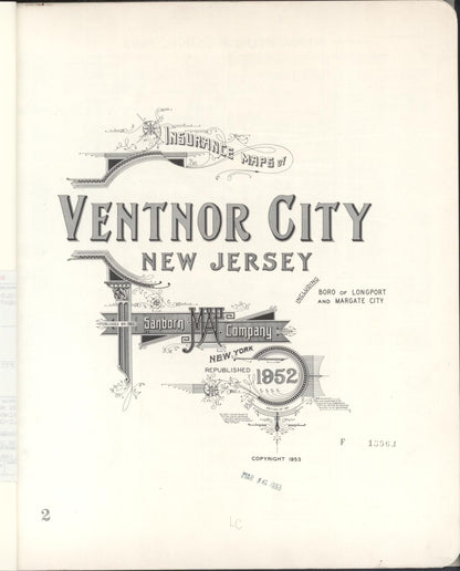 Sanborn Fire Insurance Map from Ventnor, Atlantic County, New Jersey (1952), Sheet #0001 - Historic Sanborn Fire Insurance Map Print, vintage old map wall art, antique decor, genealogy gift, New Jersey New Jersey map