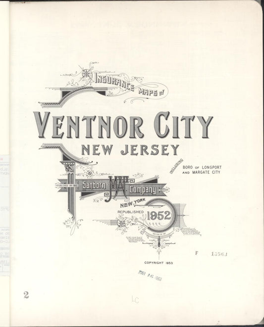 Sanborn Fire Insurance Map from Ventnor, Atlantic County, New Jersey (1952), Sheet #0001 - Historic Sanborn Fire Insurance Map Print, vintage old map wall art, antique decor, genealogy gift, New Jersey New Jersey map