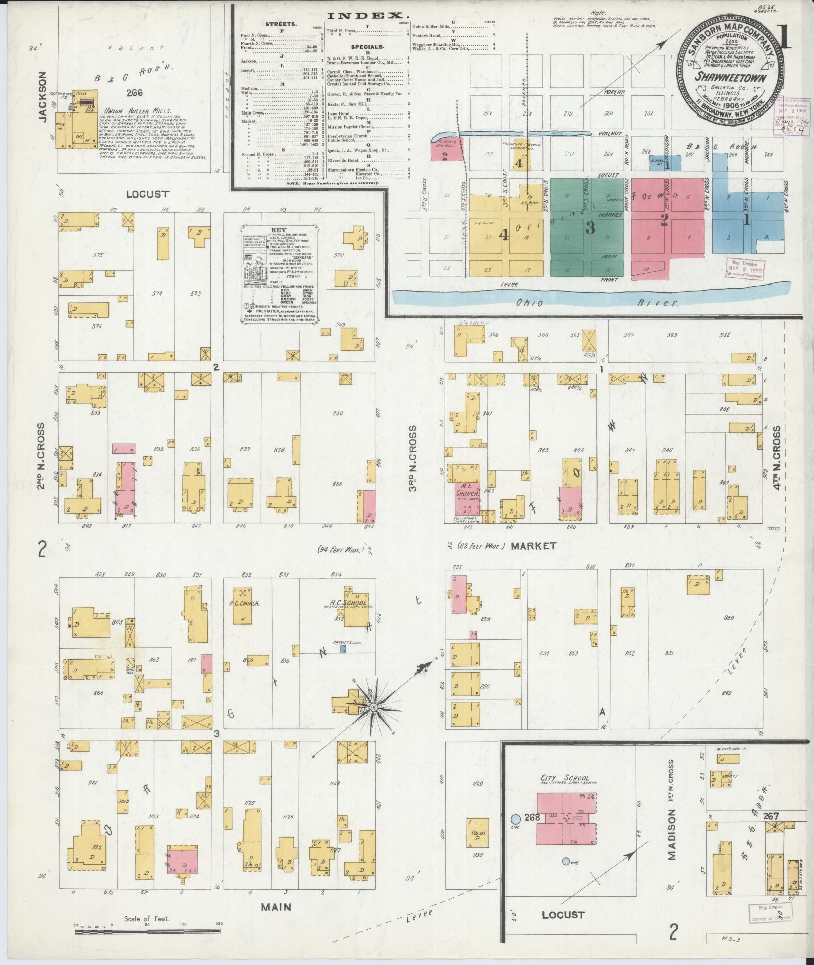 Sanborn Fire Insurance Map from Shawneetown, Gallatin County, Illinois (1906), Sheet #0001 - Complete Map Set gallery image, historic Sanborn map, vintage wall art, Illinois Illinois