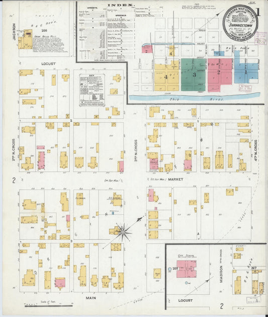 Sanborn Fire Insurance Map from Shawneetown, Gallatin County, Illinois (1906), Sheet #0001 - Complete Map Set gallery image, historic Sanborn map, vintage wall art, Illinois Illinois
