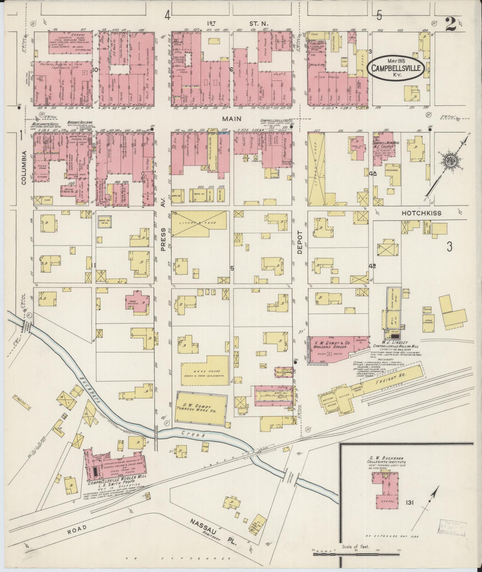 Sanborn Fire Insurance Map from Campbellsville, Taylor County, Kentucky (1915), Sheet #0002 - Complete Map Set gallery image, historic Sanborn map, vintage wall art, Kentucky Kentucky