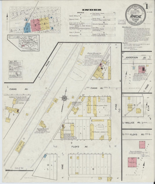 Sanborn Fire Insurance Map from Apache, Caddo County, Oklahoma (1916), Sheet #0001 - Complete Map Set gallery image, historic Sanborn map, vintage wall art, Oklahoma Oklahoma