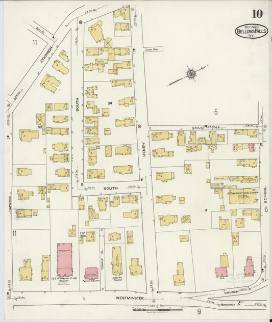 Sanborn Fire Insurance Map from Bellows Falls, Windham County, Vermont (1920), Sheet #0010 - Historic Sanborn Fire Insurance Map Print, vintage old map wall art, antique decor, genealogy gift, Vermont Vermont map