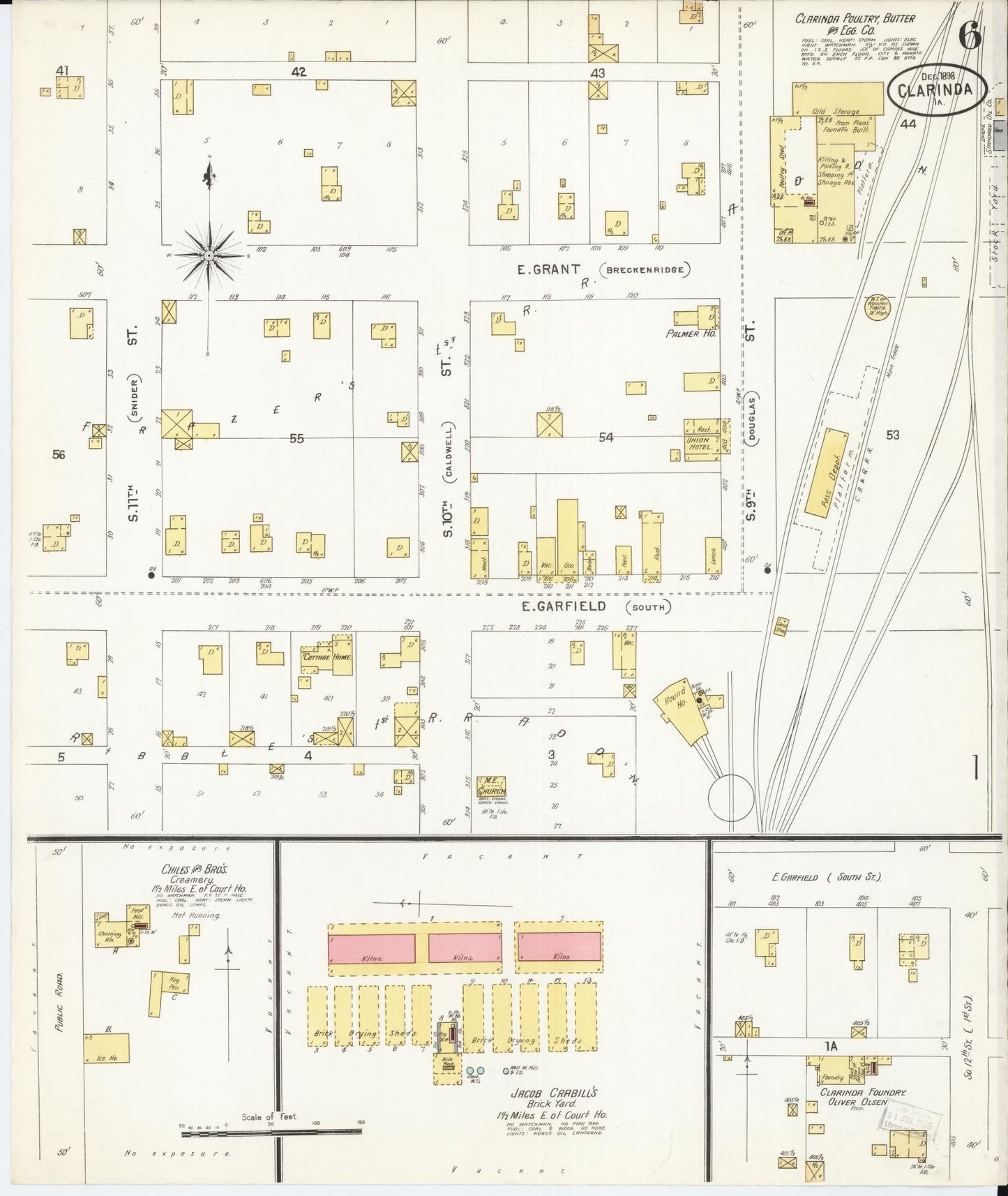 Sanborn Fire Insurance Map from Clarinda, Page County, Iowa (1898), Sheet #0006 - Historic Sanborn Fire Insurance Map Print, vintage old map wall art