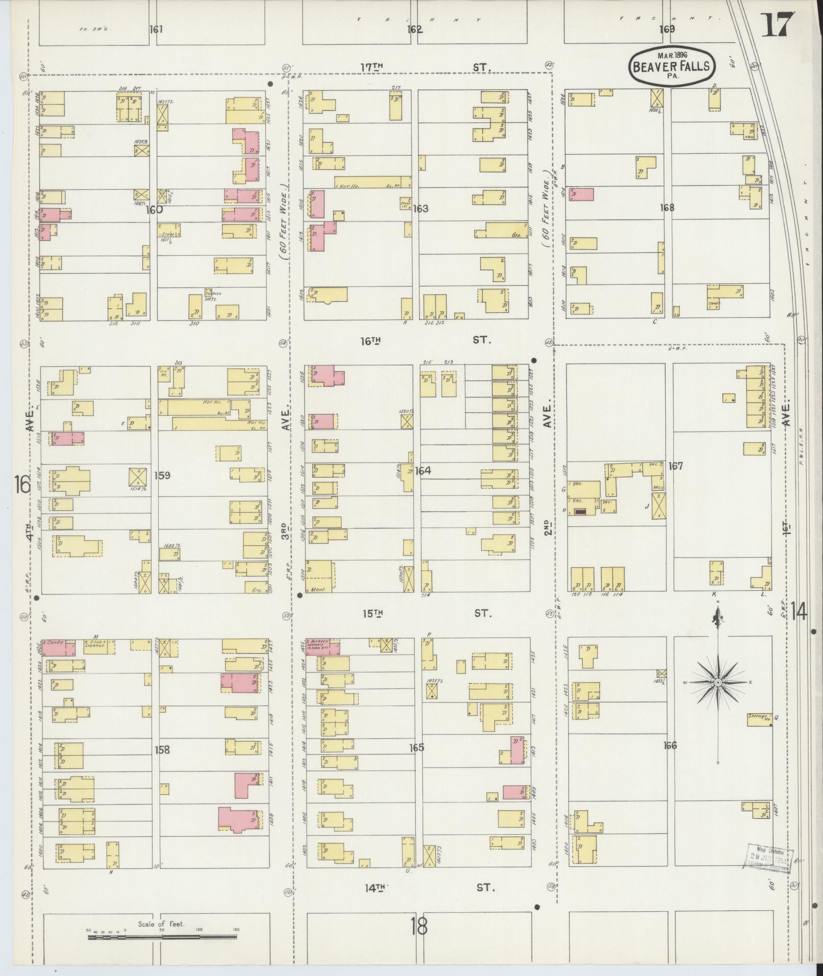 Sanborn Fire Insurance Map from Beaver Falls, Beaver County, Pennsylvania (1896), Sheet #0017 - Historic Sanborn Fire Insurance Map Print, vintage old map wall art, antique decor, genealogy gift, Pennsylvania Pennsylvania map