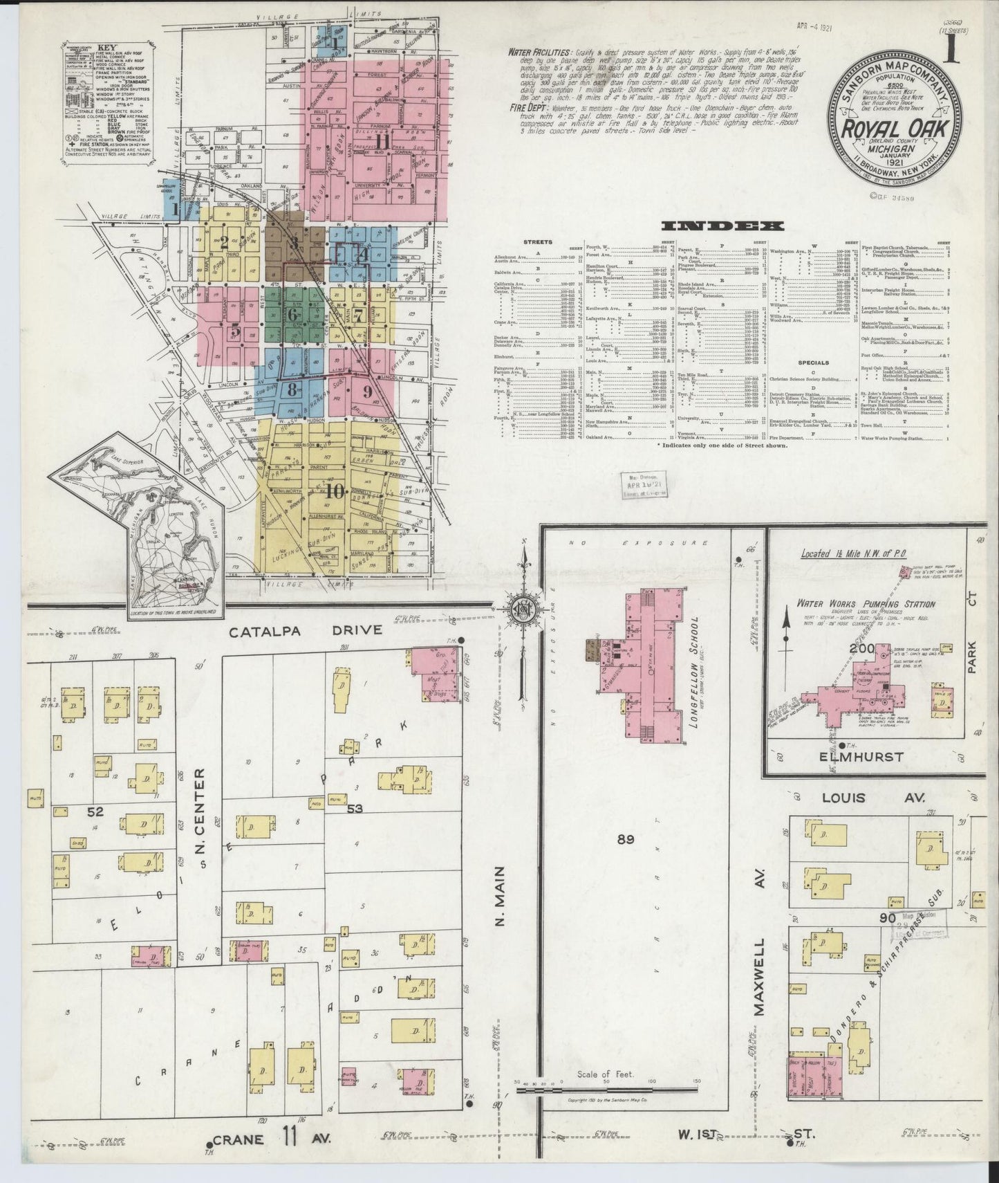 Sanborn Fire Insurance Map from Royal Oak, Oakland County, Michigan (1921), Sheet #0001 - Complete Map Set gallery image, historic Sanborn map, vintage wall art, Michigan Michigan