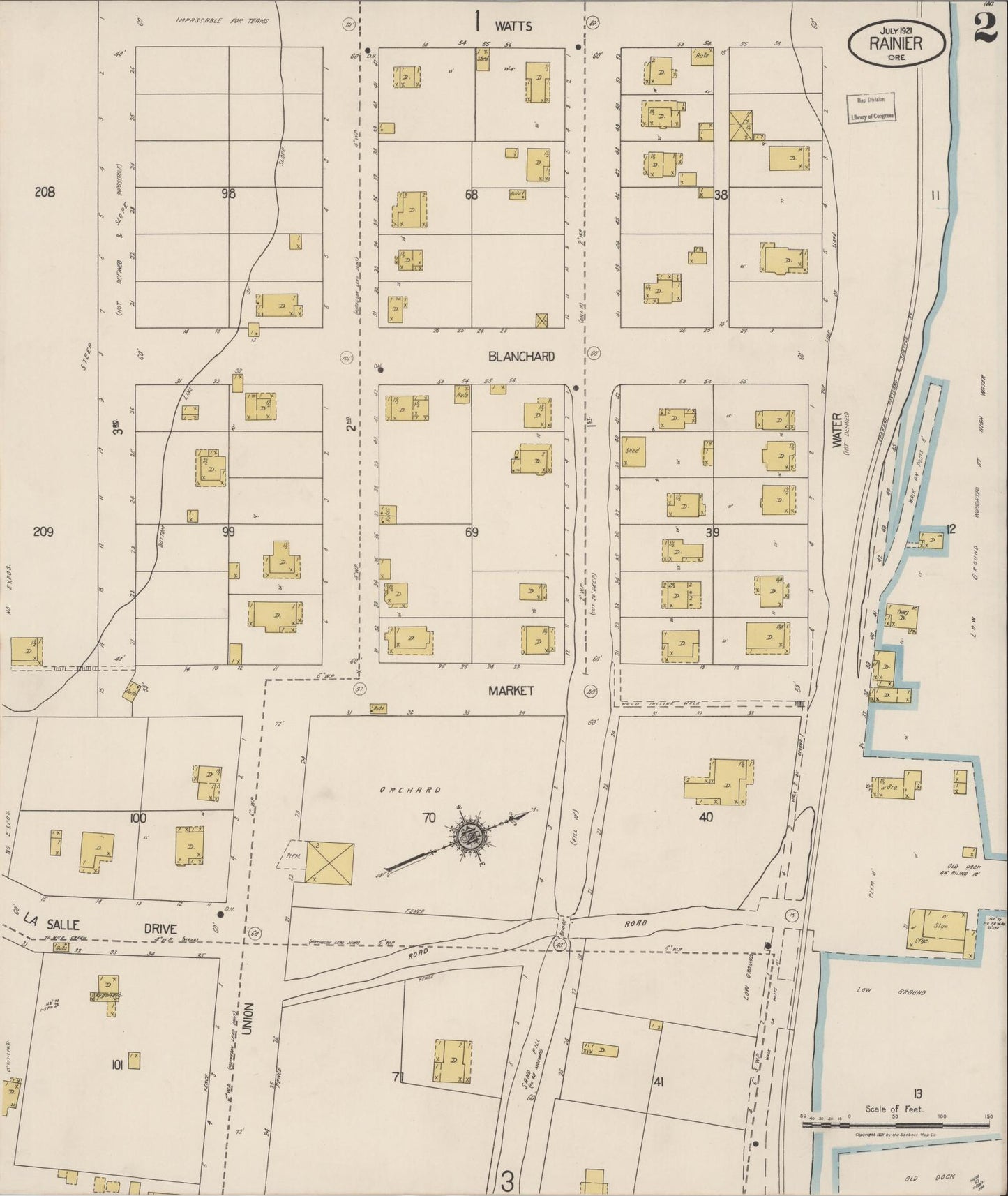 Sanborn Fire Insurance Map from Rainier, Columbia County, Oregon (1921), Sheet #0002 - Complete Map Set gallery image, historic Sanborn map, vintage wall art, Oregon Oregon