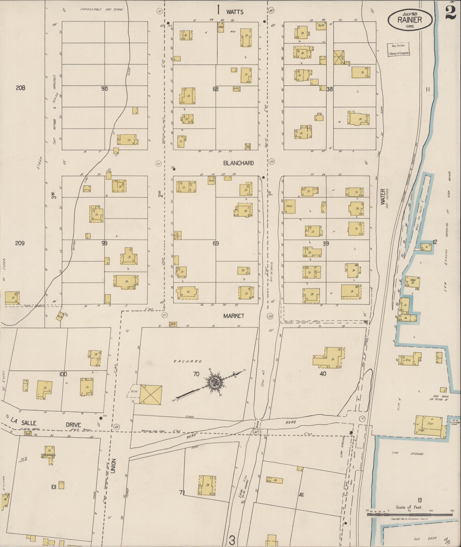Sanborn Fire Insurance Map from Rainier, Columbia County, Oregon (1921), Sheet #0002 - Complete Map Set gallery image, historic Sanborn map, vintage wall art, Oregon Oregon