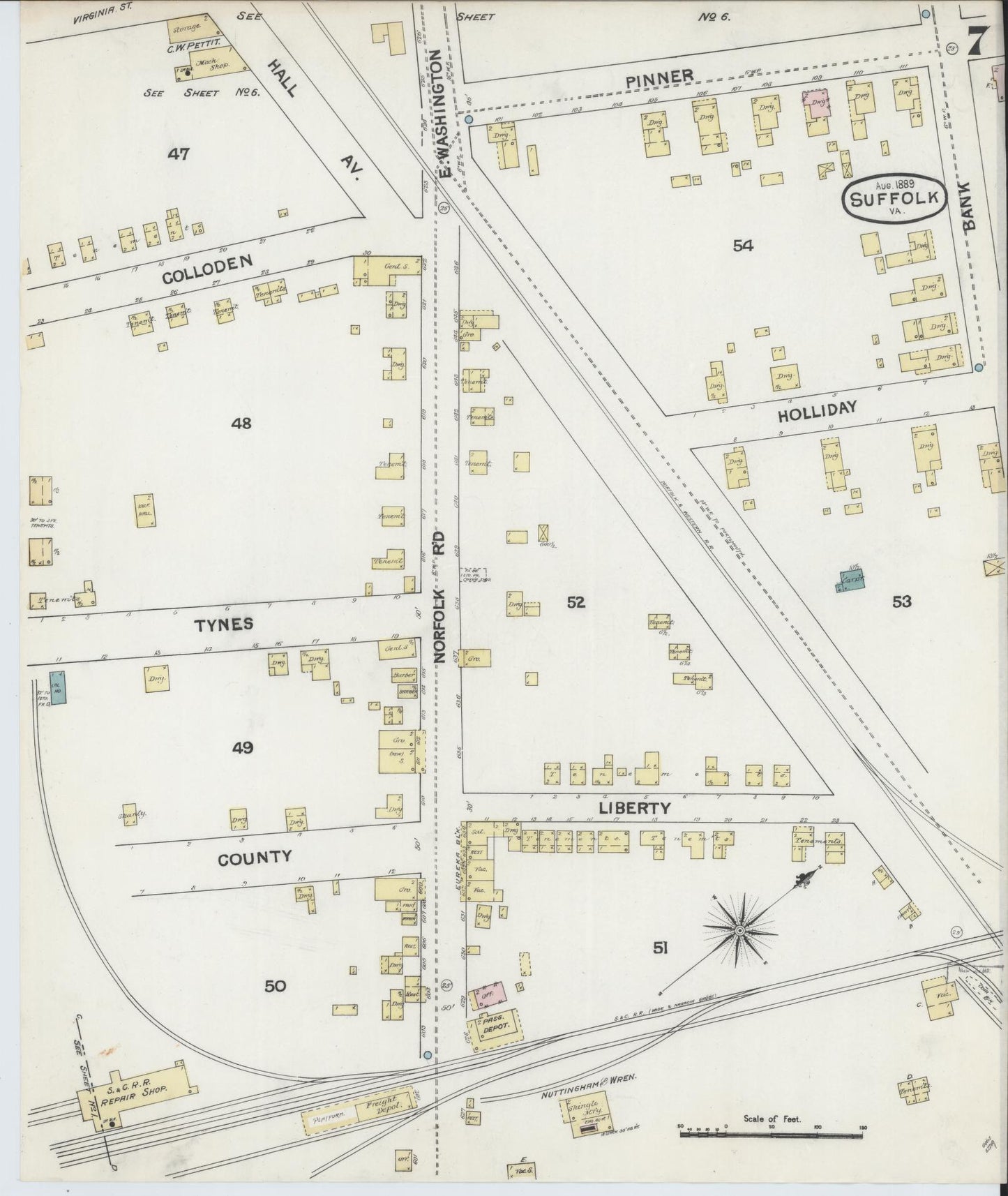 Sanborn Fire Insurance Map from Suffolk, Independent Cities, Virginia (1889), Sheet #0007 - Historic Sanborn Fire Insurance Map Print, vintage old map wall art, antique decor, genealogy gift, Virginia Virginia map
