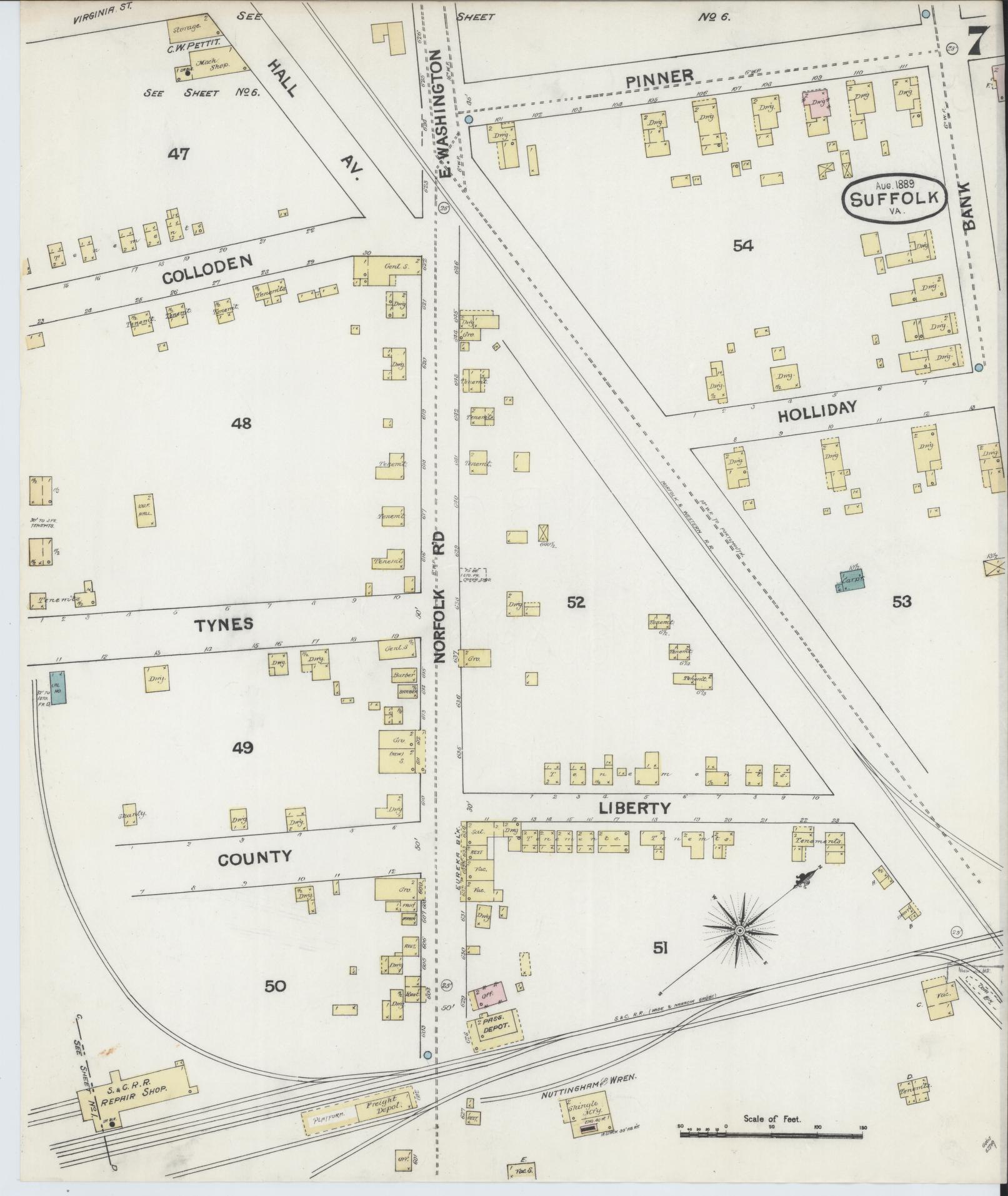 Sanborn Fire Insurance Map from Suffolk, Independent Cities, Virginia (1889), Sheet #0007 - Historic Sanborn Fire Insurance Map Print, vintage old map wall art, antique decor, genealogy gift, Virginia Virginia map