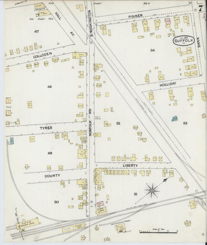Sanborn Fire Insurance Map from Suffolk, Independent Cities, Virginia (1889), Sheet #0007 - Historic Sanborn Fire Insurance Map Print, vintage old map wall art, antique decor, genealogy gift, Virginia Virginia map