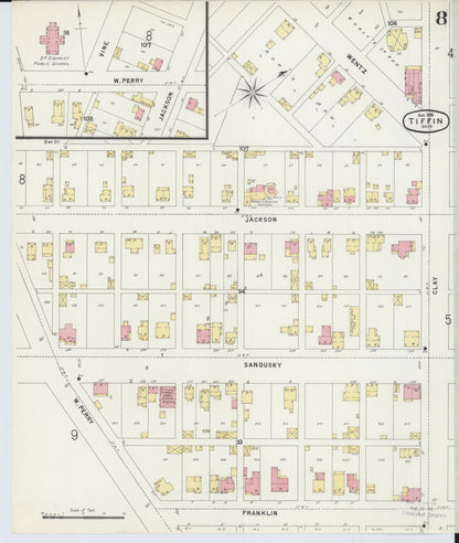 Sanborn Fire Insurance Map from Tiffin, Seneca County, Ohio (1896), Sheet #0008 - Historic Sanborn Fire Insurance Map Print, vintage old map wall art, antique decor, genealogy gift, Ohio Ohio map