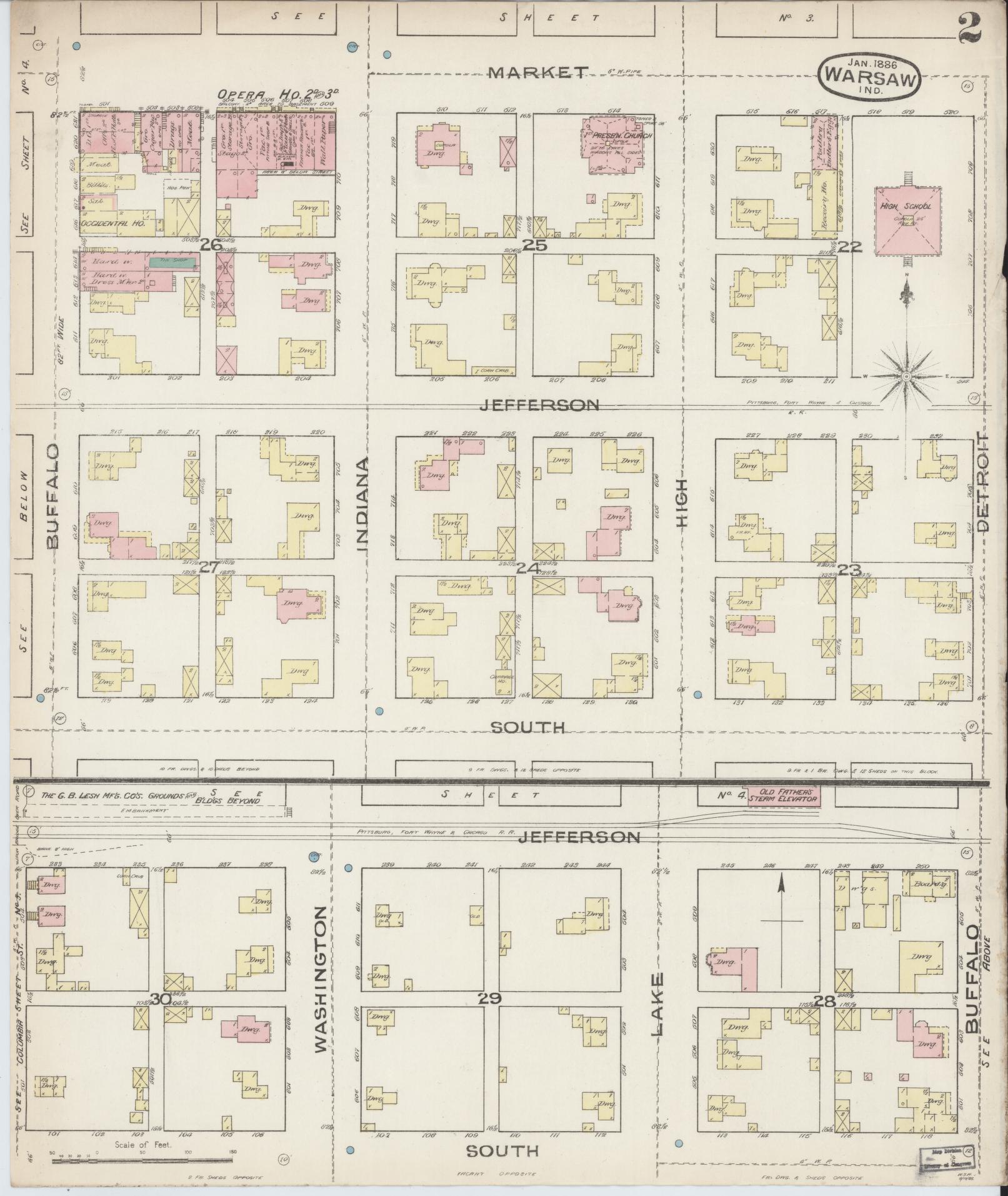 Sanborn Fire Insurance Map from Warsaw, Kosciusko County, Indiana (1886), Sheet #0002 - Complete Map Set gallery image, historic Sanborn map, vintage wall art, Indiana Indiana
