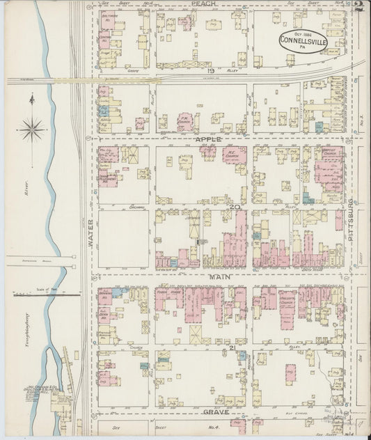 Sanborn Fire Insurance Map from Connellsville, Fayette County, Pennsylvania (1886), Sheet #0002 - Historic Sanborn Fire Insurance Map Print, vintage old map wall art, antique decor, genealogy gift, Pennsylvania Pennsylvania map