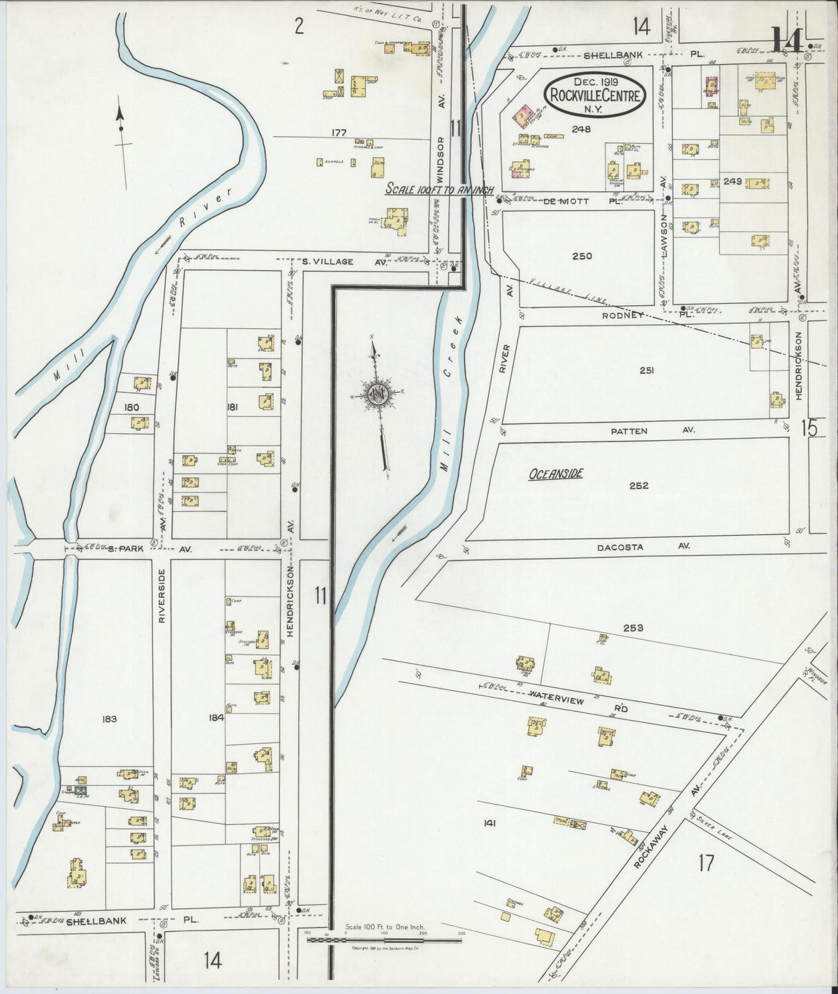 Sanborn Fire Insurance Map from Rockville Centre, Nassau County, New York (1919), Sheet #0014 - Historic Sanborn Fire Insurance Map Print, vintage old map wall art, antique decor, genealogy gift, New York New York map