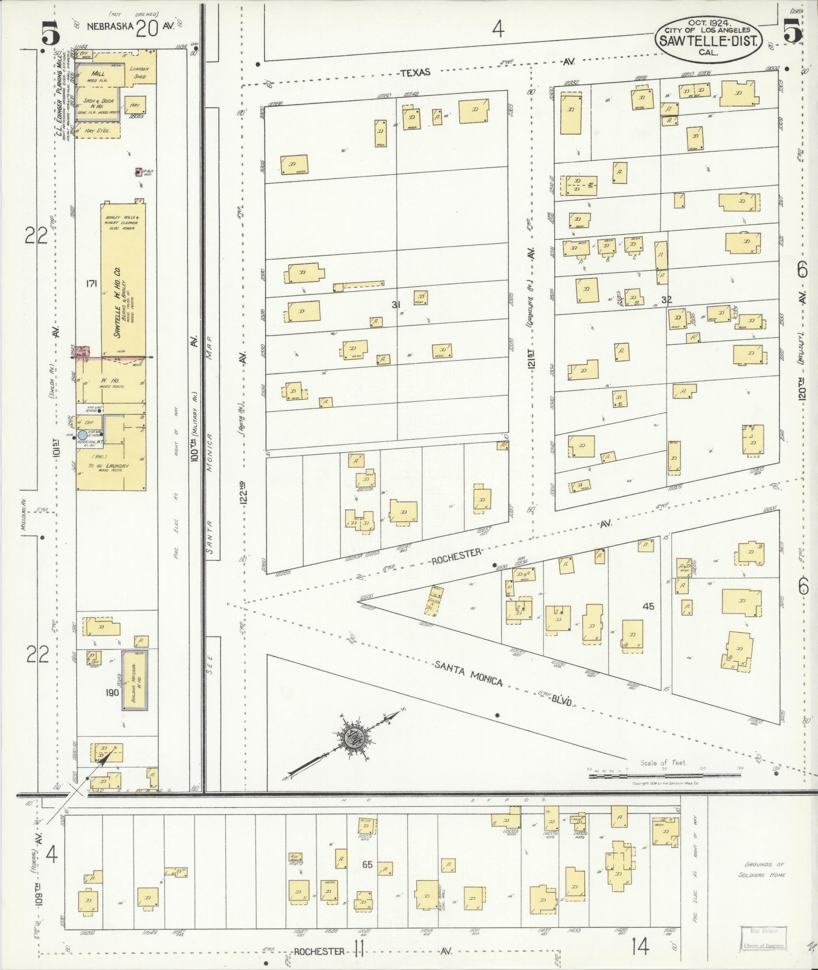 Sanborn Fire Insurance Map from Sawtelle, Los Angeles County, California (1924), Sheet #0005 - Complete Map Set gallery image, historic Sanborn map, vintage wall art, California California