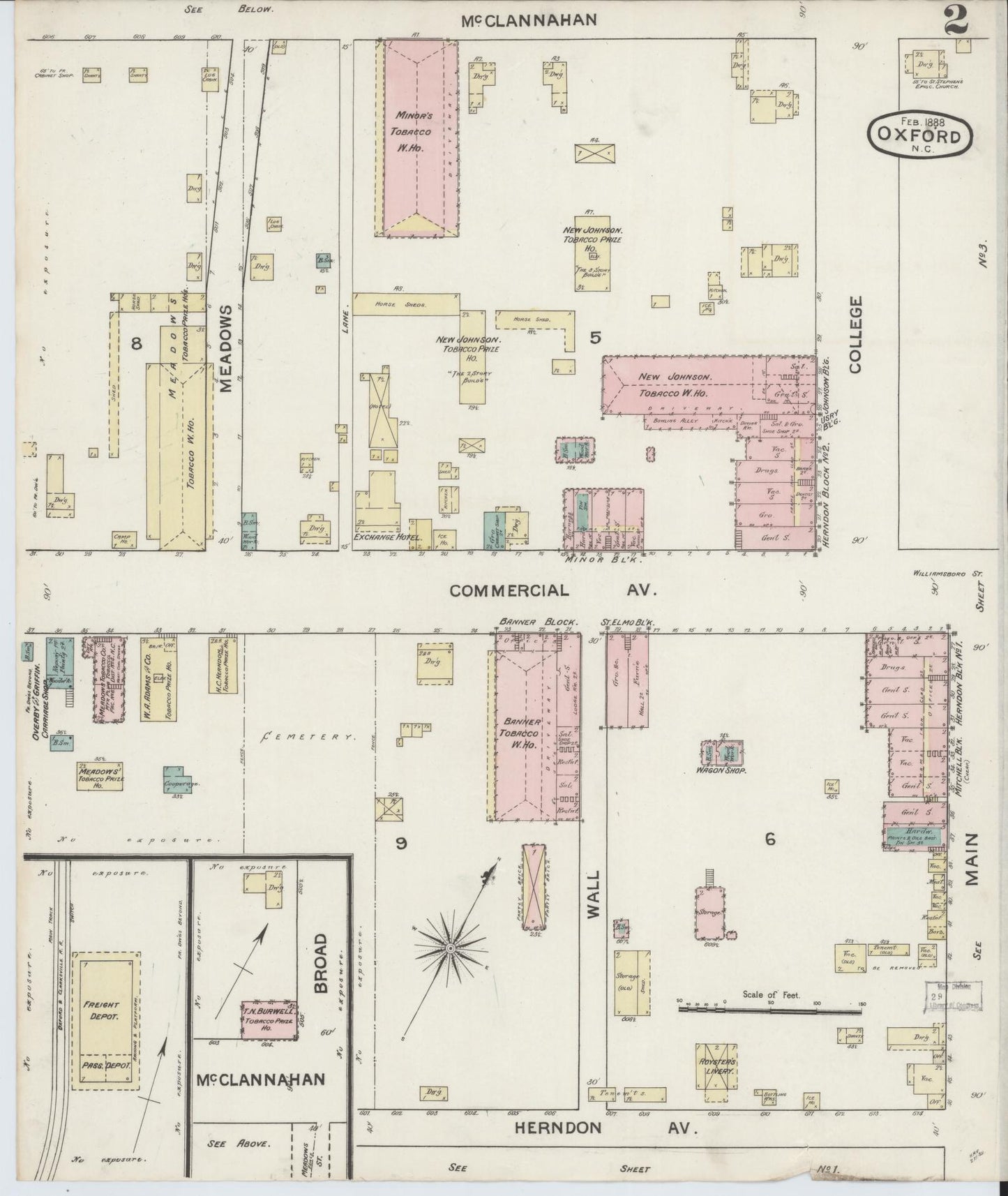 Sanborn Fire Insurance Map from Oxford, Granville County, North Carolina (1888), Sheet #0002 - Complete Map Set gallery image, historic Sanborn map, vintage wall art, North Carolina North Carolina