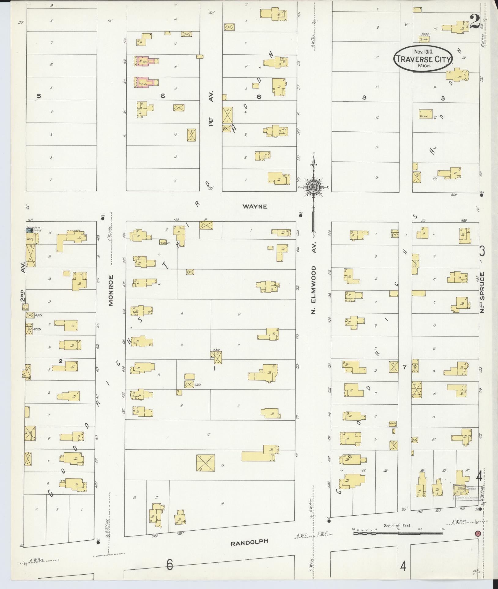 Sanborn Fire Insurance Map from Traverse City, Grand Traverse County, Michigan (1910), Sheet #0002 - Historic Sanborn Fire Insurance Map Print, vintage old map wall art, antique decor, genealogy gift, Michigan Michigan map