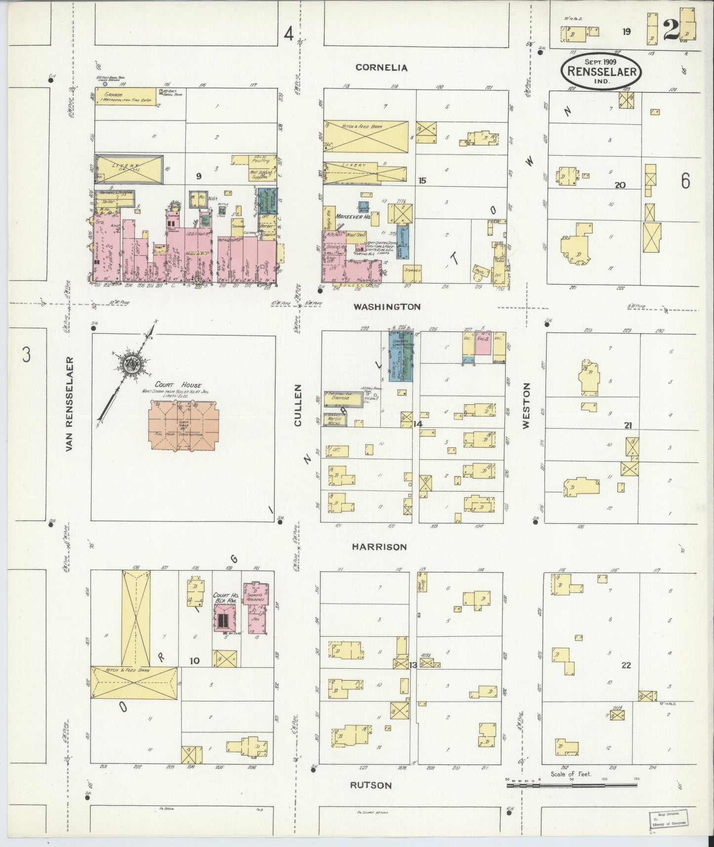 Sanborn Fire Insurance Map from Rensselaer, Jasper County, Indiana (1909), Sheet #0002 - Complete Map Set gallery image, historic Sanborn map, vintage wall art, Indiana Indiana