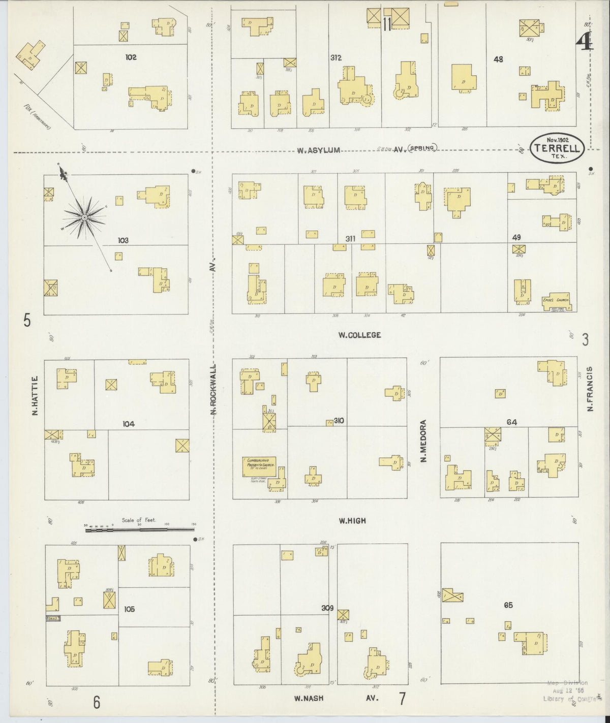 Sanborn Fire Insurance Map from Terrell, Kaufman County, Texas (1902), Sheet #0004 - Historic Sanborn Fire Insurance Map Print, vintage old map wall art, antique decor, genealogy gift, Texas Texas map