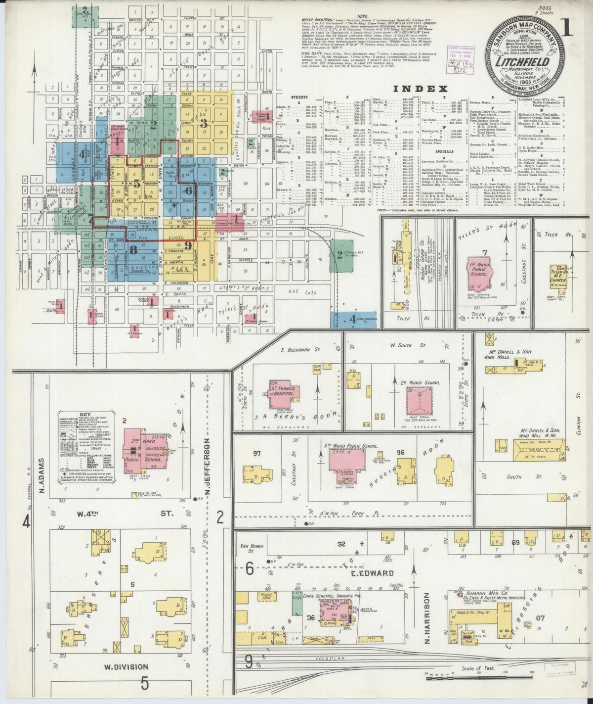 Sanborn Fire Insurance Map from Litchfield, Montgomery County, Illinois (1905), Sheet #0001 - Complete Map Set gallery image, historic Sanborn map, vintage wall art, Illinois Illinois
