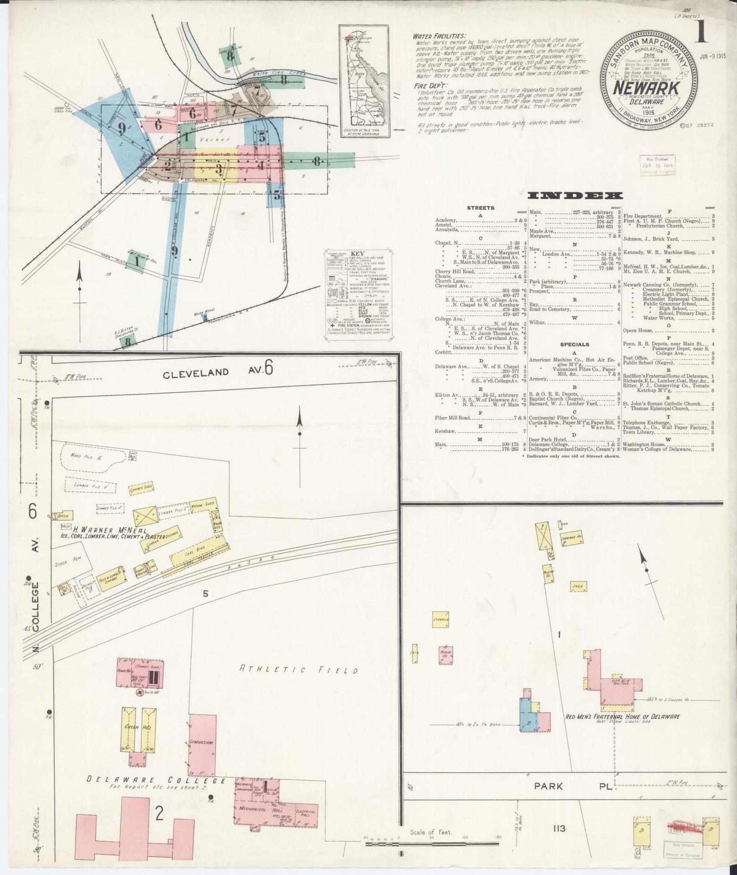 Sanborn Fire Insurance Map from Newark, New Castle County, Delaware (1915), Sheet #0001 - Complete Map Set gallery image, historic Sanborn map, vintage wall art, Delaware Delaware