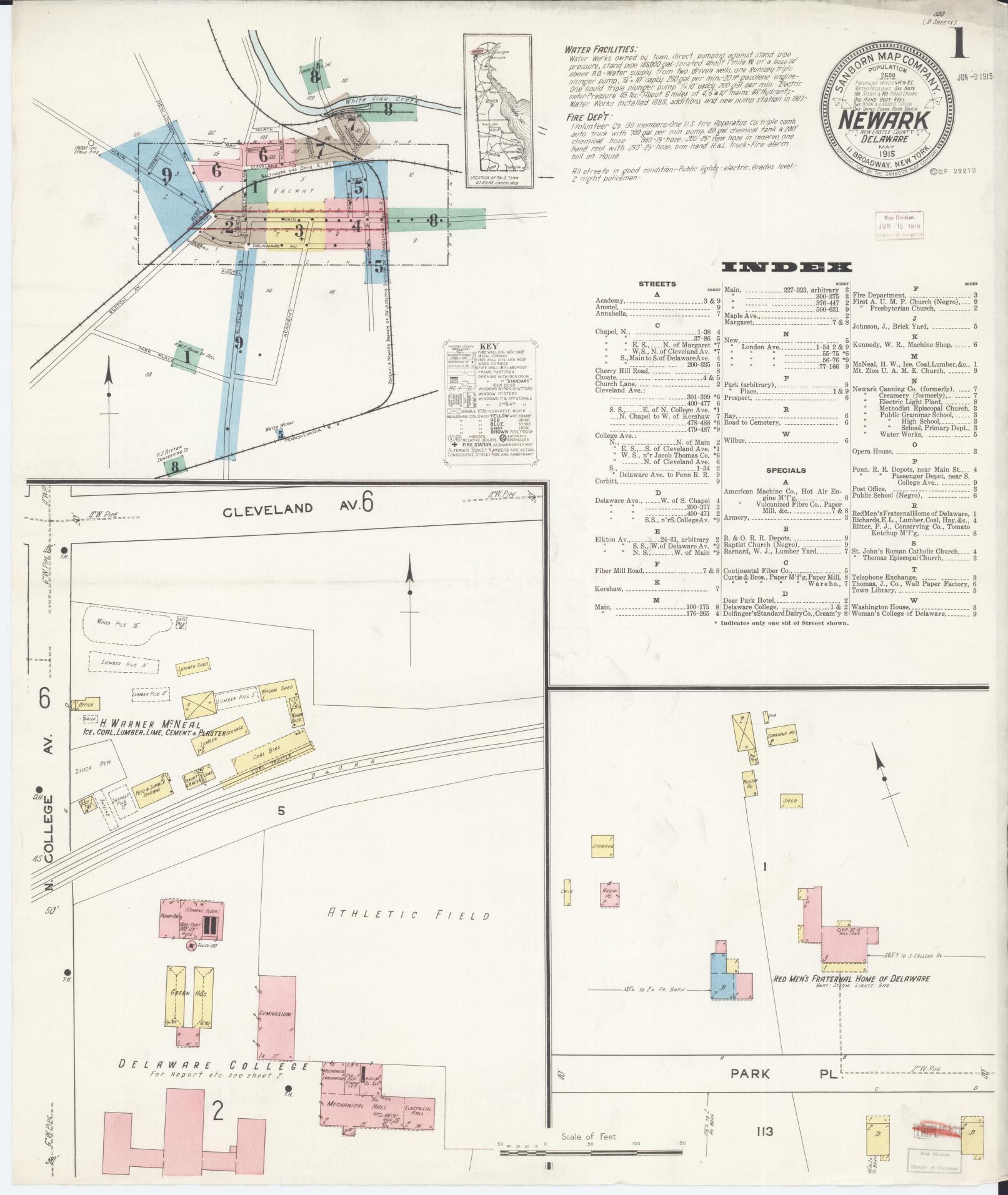 Sanborn Fire Insurance Map from Newark, New Castle County, Delaware (1915), Sheet #0001 - Complete Map Set gallery image, historic Sanborn map, vintage wall art, Delaware Delaware