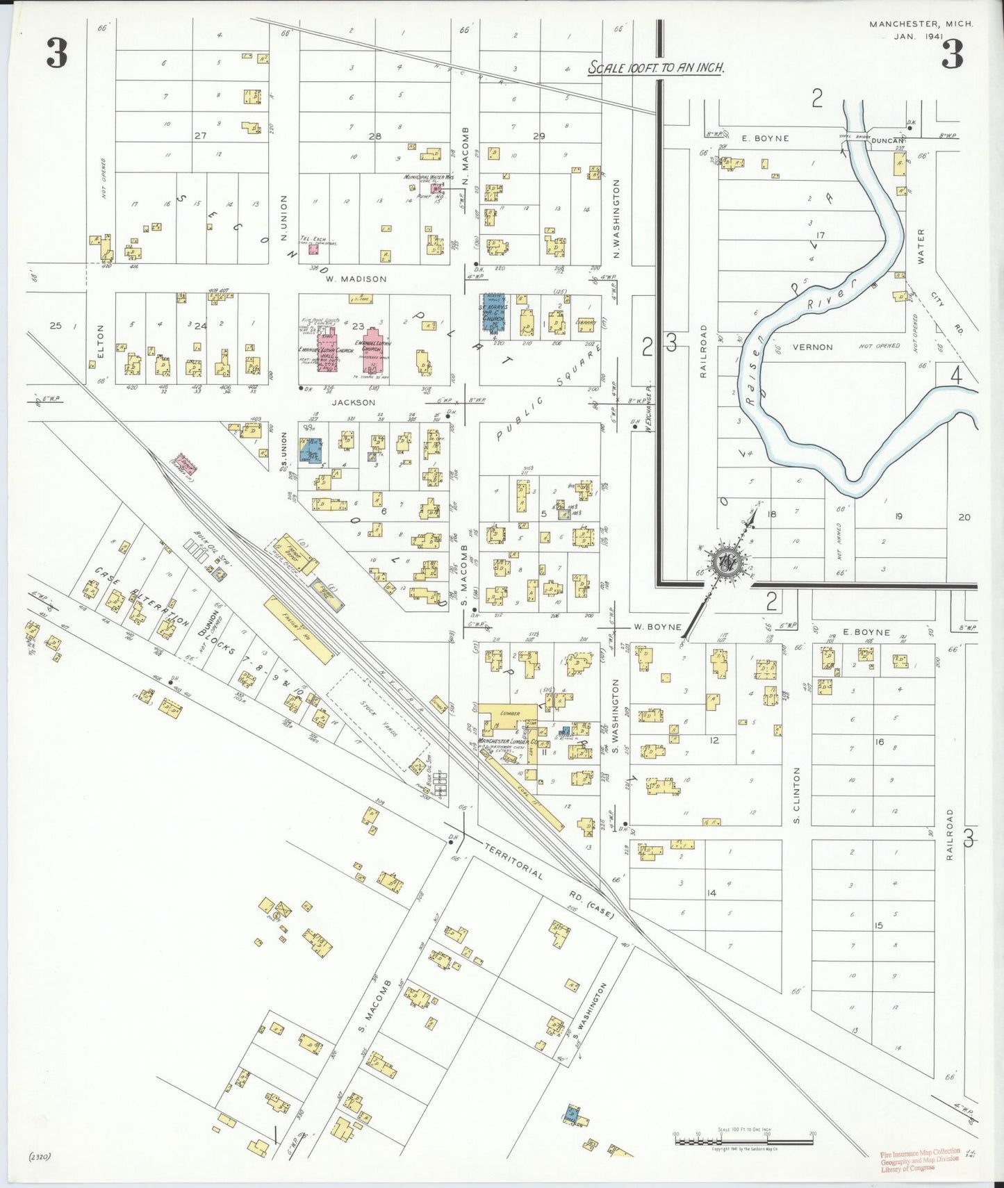 Sanborn Fire Insurance Map from Manchester, Washtenaw County, Michigan (1941), Sheet #0003 - Complete Map Set gallery image, historic Sanborn map, vintage wall art, Michigan Michigan