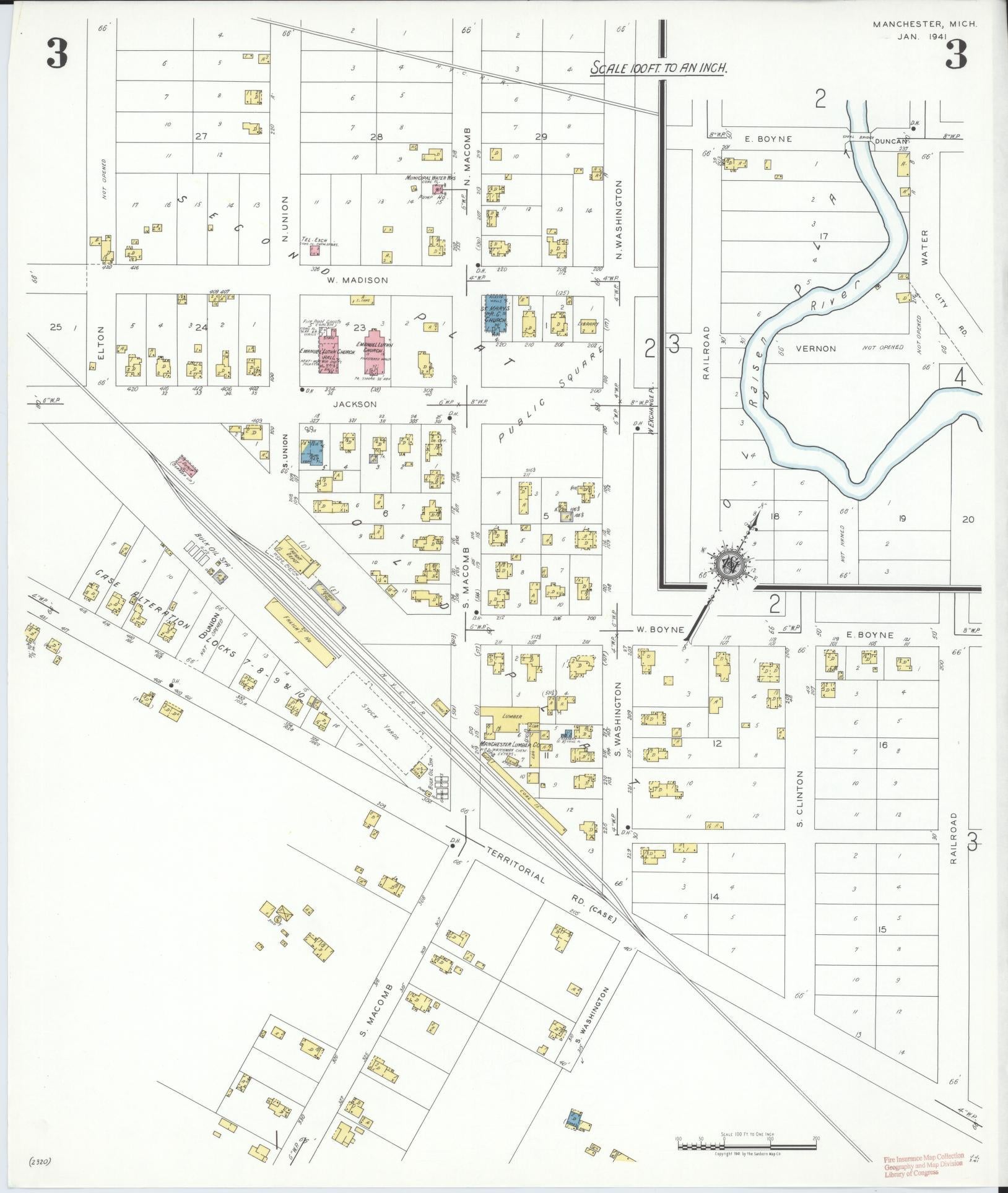 Sanborn Fire Insurance Map from Manchester, Washtenaw County, Michigan (1941), Sheet #0003 - Complete Map Set gallery image, historic Sanborn map, vintage wall art, Michigan Michigan