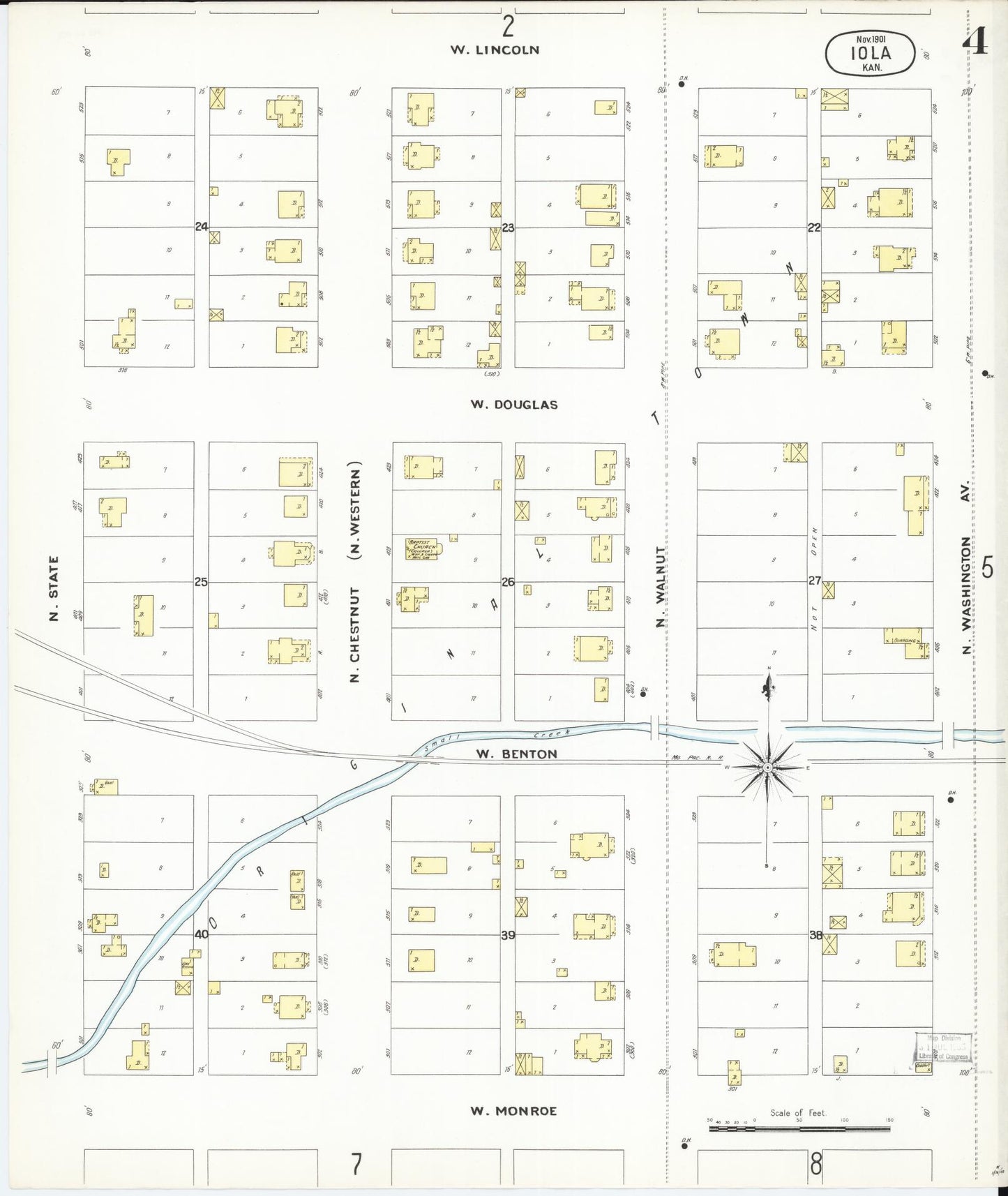 Sanborn Fire Insurance Map from Iola, Allen County, Kansas (1901), Sheet #0004 - Historic Sanborn Fire Insurance Map Print, vintage old map wall art, antique decor, genealogy gift, Kansas Kansas map