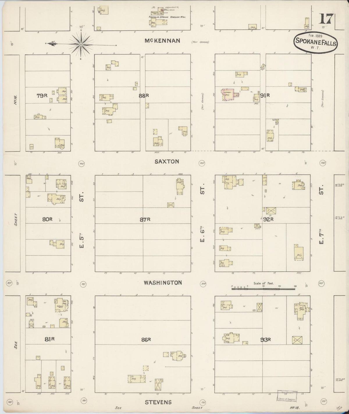 Sanborn Fire Insurance Map from Spokane, Spokane County, Washington (1889), Sheet #0017 - Historic Sanborn Fire Insurance Map Print, vintage old map wall art, antique decor, genealogy gift, Washington Washington map