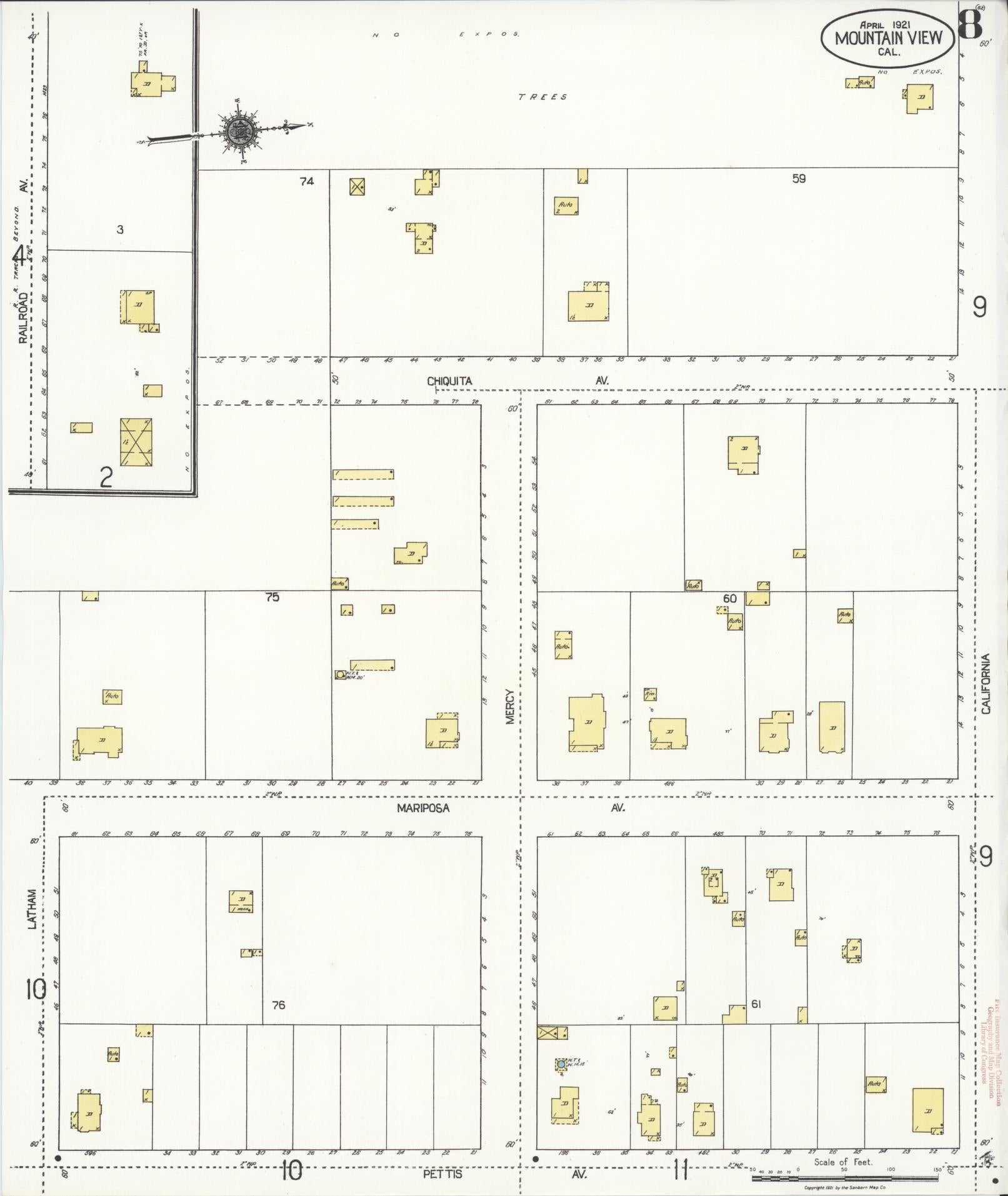 Sanborn Fire Insurance Map from Mountain View, Santa Clara County, California (1921), Sheet #0008 - Complete Map Set gallery image, historic Sanborn map, vintage wall art, California California